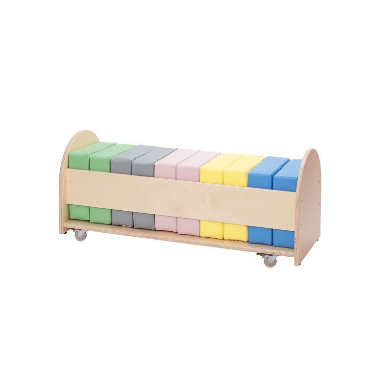 Set of pastel poufs in stand on wheels